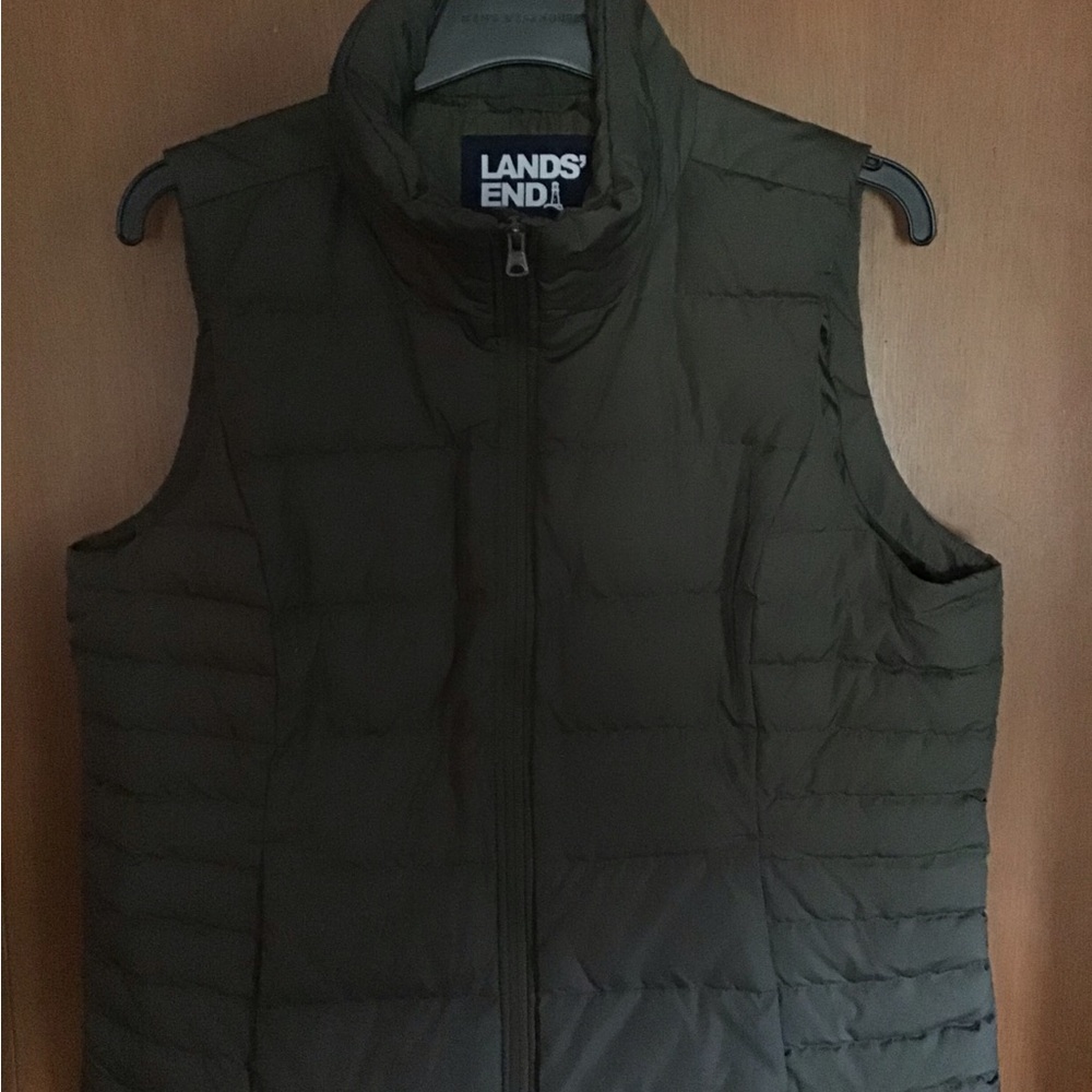 Lands' End DOWN Olive Quilted Puffer Vest - L 14-16